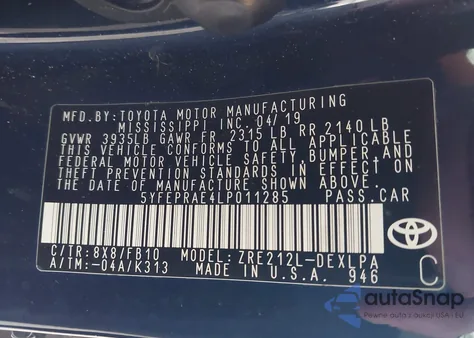 2020 Toyota Corolla Le from USA, damaged, VIN 5YFEPRAE4LP011285